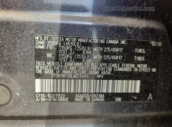 2T3H1RFV8LW075441 2020 TOYOTA RAV4 Gray VIN კოდის სტიკერის ხედი