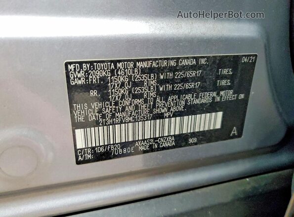 2T3H1RFV8MC135317 2021 TOYOTA RAV4 Silver Vista de la etiqueta del VIN