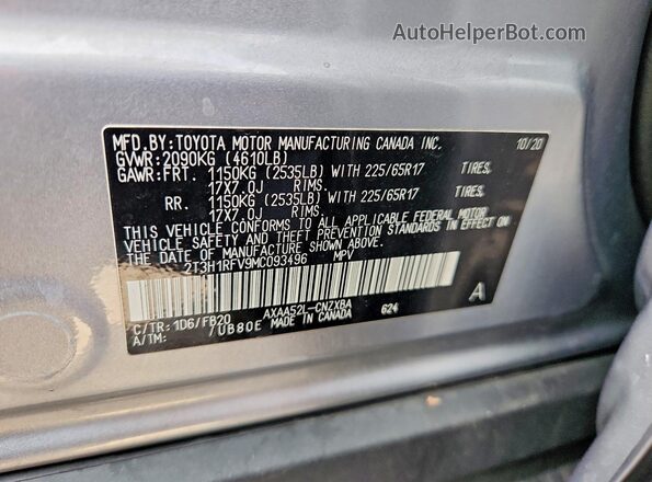 2T3H1RFV9MC093496 2021 TOYOTA RAV4 Серебряный Вид наклейки с VIN-кодом