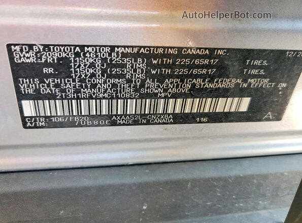 2T3H1RFV9MC110832 2021 TOYOTA RAV4 Silver VIN კოდის სტიკერის ხედი