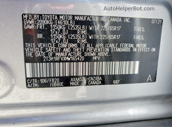 2T3H1RFVXMW165420 2021 TOYOTA RAV4 Silver ძრავის განყოფილების ხედი