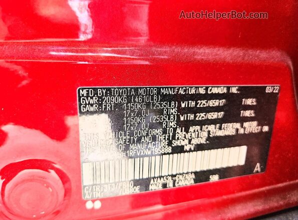 2T3H1RFVXNW195888 2022 TOYOTA RAV4 Red Вид наклейки з VIN-кодом