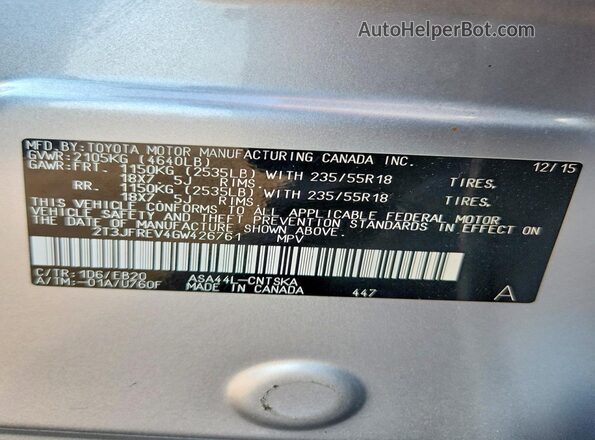 2T3JFREV4GW426761 2016 TOYOTA RAV4 Silver VIN կոդի պիտակի տեսք