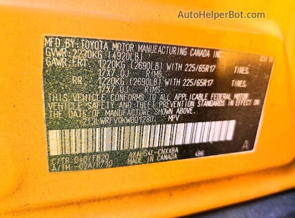 2T3LWRFV0KW001280 2019 TOYOTA RAV4 Yellow 360 interior view