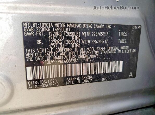 2T3LWRFV6LW068287 2020 TOYOTA RAV4 Silver Vista de la etiqueta del VIN