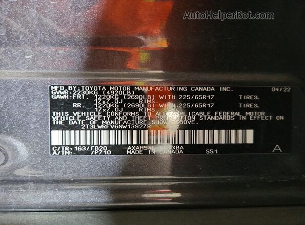 2T3LWRFV6NW139278 2022 TOYOTA RAV4 Gray VIN კოდის სტიკერის ხედი