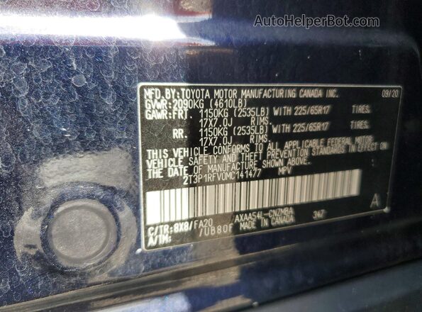 2T3P1RFV0MC141477 2021 TOYOTA RAV4 Blue Вид наклейки з VIN-кодом