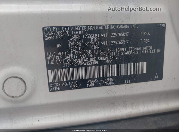 2T3P1RFV0MW153109 2021 TOYOTA RAV4 Белый Вид подкапотного пространства