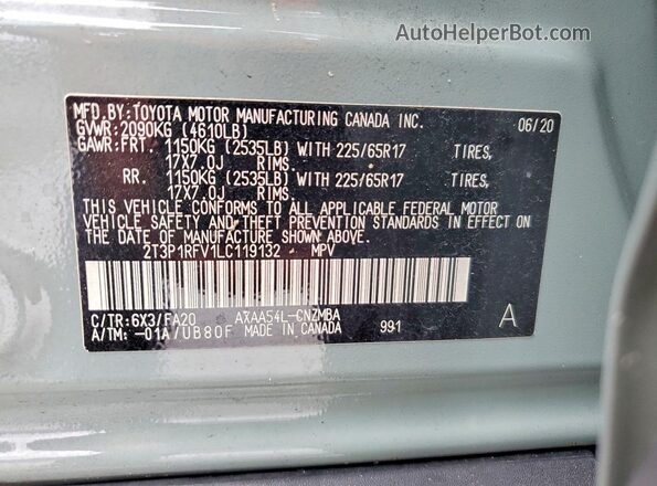 2T3P1RFV1LC119132 2020 TOYOTA RAV4 Turquoise VIN კოდის სტიკერის ხედი