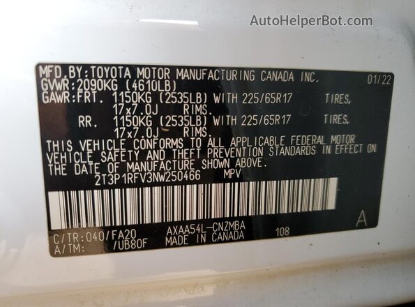 2T3P1RFV3NW250466 2022 TOYOTA RAV4 White VIN sticker view