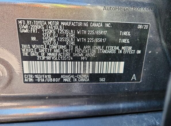 2T3P1RFV5LC135124 2020 TOYOTA RAV4 Gray ძრავის განყოფილების ხედი