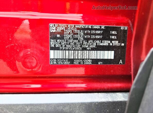 2T3P1RFV5LW108830 2020 TOYOTA RAV4 Red Вид наклейки з VIN-кодом