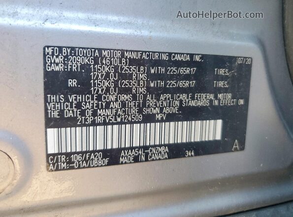 2T3P1RFV5LW124509 2020 TOYOTA RAV4 Silver Панорамний вид салону 360°