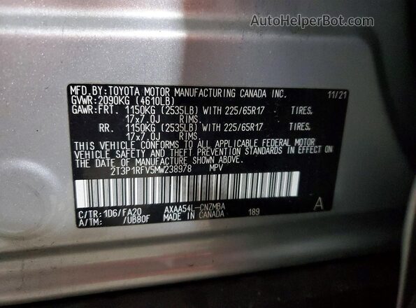 2T3P1RFV5MW238978 2021 TOYOTA RAV4 Серебряный Вид наклейки с VIN-кодом