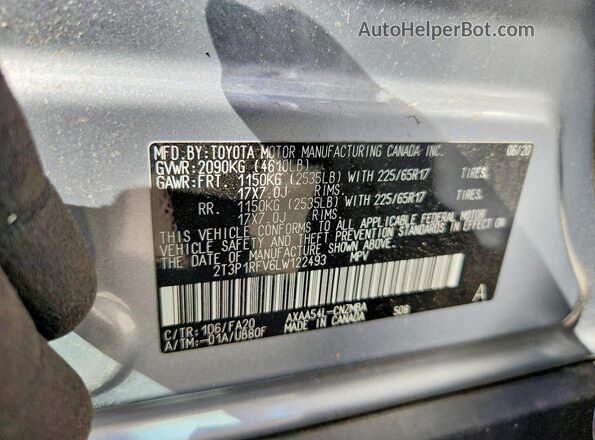 2T3P1RFV6LW122493 2020 TOYOTA RAV4 Серебряный Вид наклейки с VIN-кодом