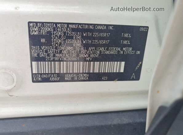2T3P1RFV7NC309861 2022 TOYOTA RAV4 Белый Вид наклейки с VIN-кодом