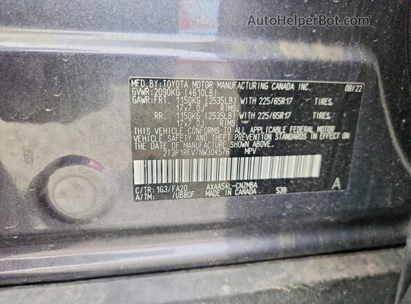 2T3P1RFV7NW304576 2022 TOYOTA RAV4 Charcoal VIN կոդի պիտակի տեսք