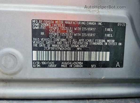 2T3P1RFV7PW343400 2023 TOYOTA RAV4 Серебряный Вид наклейки с VIN-кодом