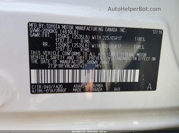 2T3P1RFV8LW097421 2020 TOYOTA RAV4 White Вид підкапотного простору