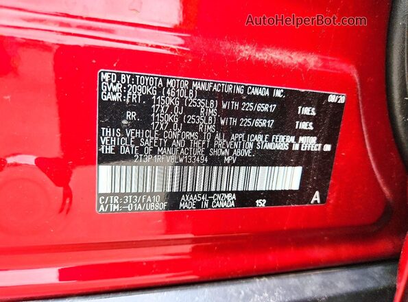 2T3P1RFV8LW133494 2020 TOYOTA RAV4 Red 360 interior view