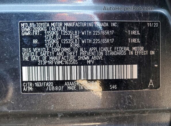 2T3P1RFV8MC163565 2021 TOYOTA RAV4 Gray Вид наклейки з VIN-кодом