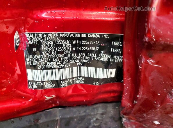 2T3P1RFV8NW294804 2022 TOYOTA RAV4 Maroon Вид наклейки з VIN-кодом