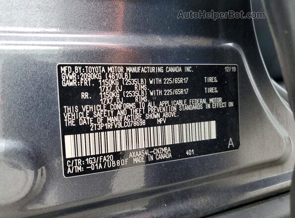 2T3P1RFV9LC078698 2020 TOYOTA RAV4 Gray VIN კოდის სტიკერის ხედი