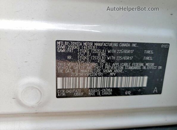 2T3P1RFV9PC336191 2023 TOYOTA RAV4 White Vista de la etiqueta del VIN