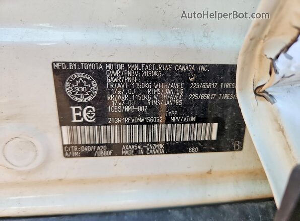 2T3R1RFV0MW156052 2021 TOYOTA RAV4 White Widok naklejki z numerem VIN
