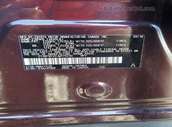 2T3RFREV2JW770230 2018 TOYOTA RAV4 Burgundy Вид наклейки з VIN-кодом