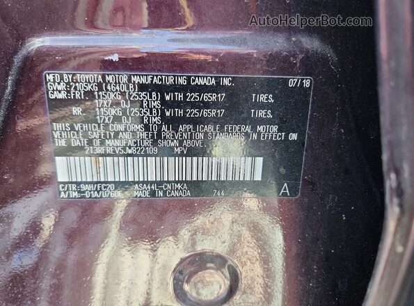 2T3RFREV5JW822109 2018 TOYOTA RAV4 Burgundy Widok naklejki z numerem VIN