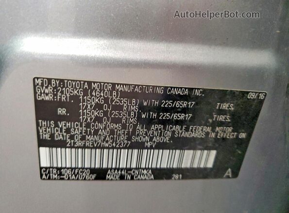 2T3RFREV7HW542377 2017 TOYOTA RAV4 Серебряный Вид подкапотного пространства
