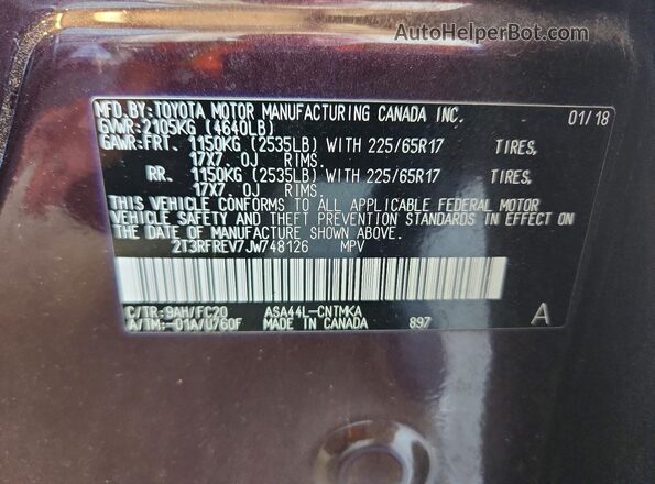 2T3RFREV7JW748126 2018 TOYOTA RAV4 Burgundy Вид наклейки з VIN-кодом