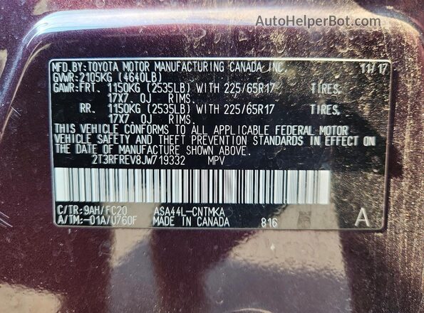 2T3RFREV8JW719332 2018 TOYOTA RAV4 Purple Вид наклейки з VIN-кодом