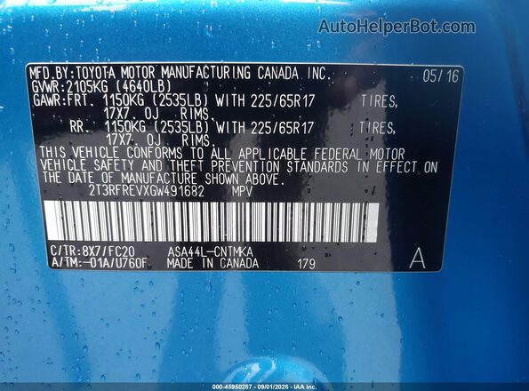 2T3RFREVXGW491682 2016 TOYOTA RAV4 Blue Շարժիչի բաժամունքի տեսք