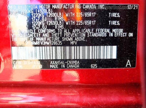 2T3RWRFV3MW128635 2021 TOYOTA RAV4 Red VIN sticker view