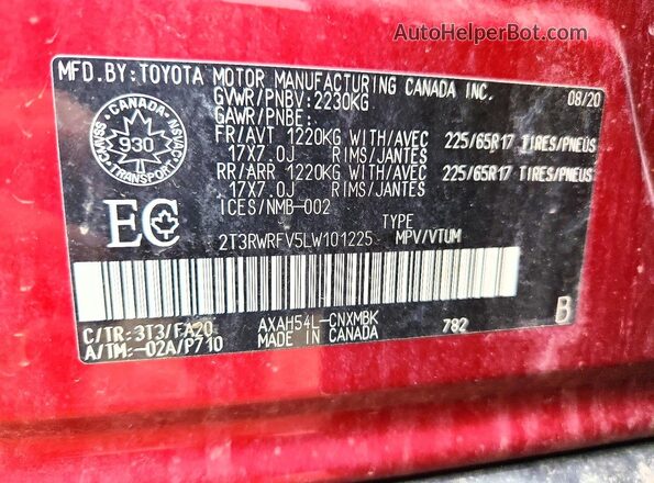 2T3RWRFV5LW101225 2020 TOYOTA RAV4 Темно-бордовый Вид наклейки с VIN-кодом