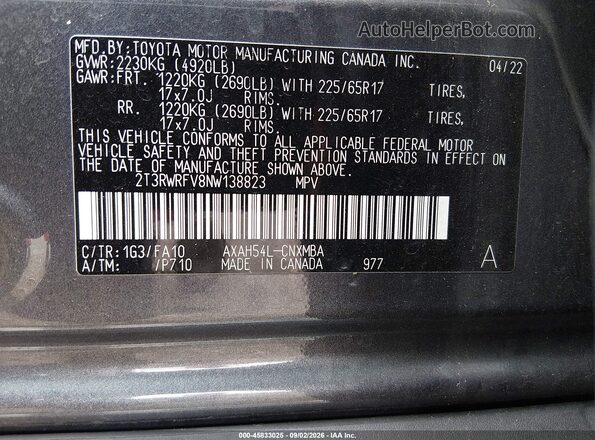 2T3RWRFV8NW138823 2022 TOYOTA RAV4 HYBRID Gray Vista del compartimento del motor