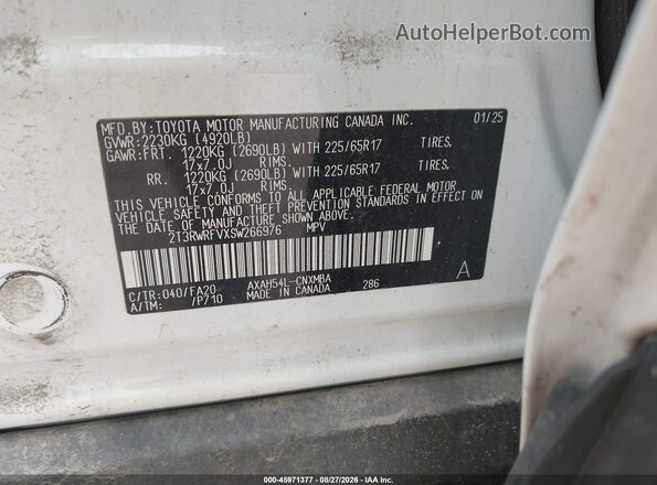 2T3RWRFVXSW266976 2025 TOYOTA RAV4 HYBRID White Вид підкапотного простору