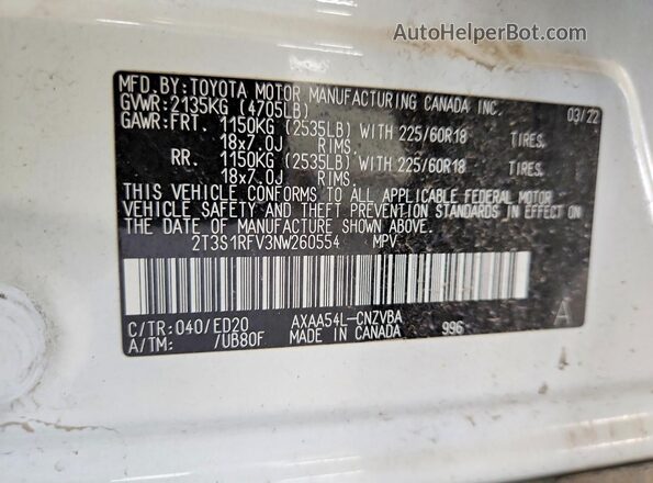 2T3S1RFV3NW260554 2022 TOYOTA RAV4 White Вид наклейки з VIN-кодом