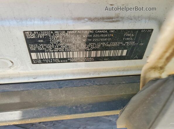 2T3W1RFV0LC076446 2020 TOYOTA RAV4 White Widok naklejki z numerem VIN