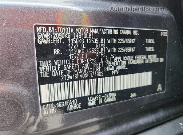 2T3W1RFV0NC174802 2022 TOYOTA RAV4 Gray Vista de la etiqueta del VIN