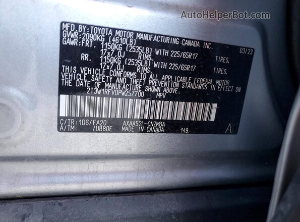 2T3W1RFV0PW257700 2023 TOYOTA RAV4 Silver VIN კოდის სტიკერის ხედი