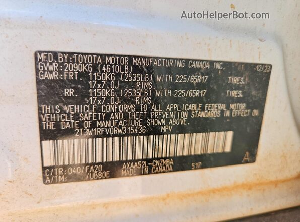 2T3W1RFV0RW315436 2024 TOYOTA RAV4 Белый Вид наклейки с VIN-кодом