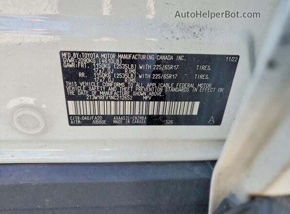2T3W1RFV1NC212652 2022 TOYOTA RAV4 White Вид наклейки з VIN-кодом