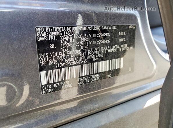 2T3W1RFV2NW203845 2022 TOYOTA RAV4 Gray Widok naklejki z numerem VIN