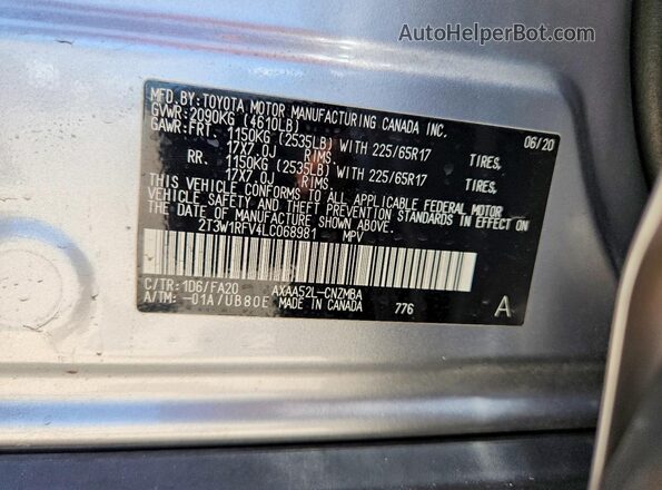 2T3W1RFV4LC068981 2020 TOYOTA RAV4 Серебряный Вид наклейки с VIN-кодом