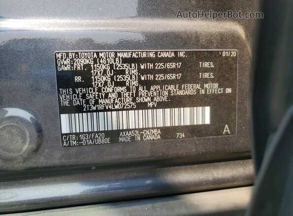 2T3W1RFV4LW072575 2020 TOYOTA RAV4 Угольный Вид наклейки с VIN-кодом