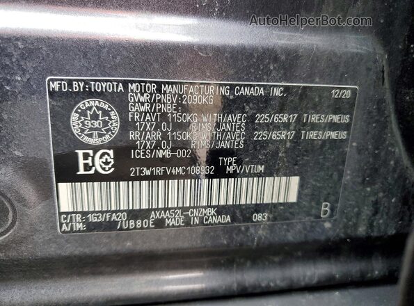 2T3W1RFV4MC108932 2021 TOYOTA RAV4 Charcoal Вид наклейки з VIN-кодом