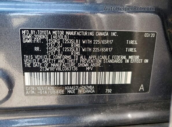 2T3W1RFV8LC063136 2020 TOYOTA RAV4 Gray VIN կոդի պիտակի տեսք